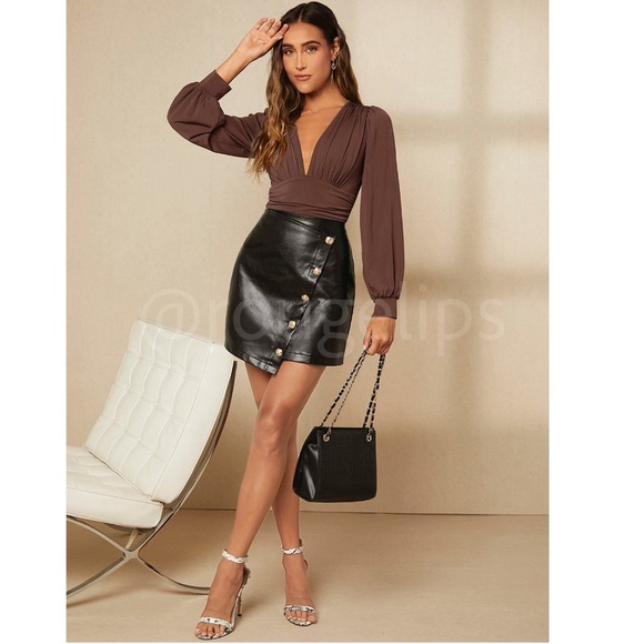 Brown Elegant V neck Bodysuit Long Bishop Sleeves Stretchy Ruched Waist - Picture 6 of 8